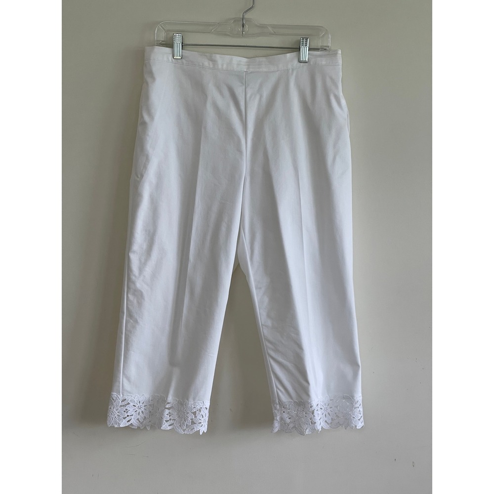 Alfred Dunner Womens White Lace Trim Capri Pants Pull On Cropped Trousers Sz 10
